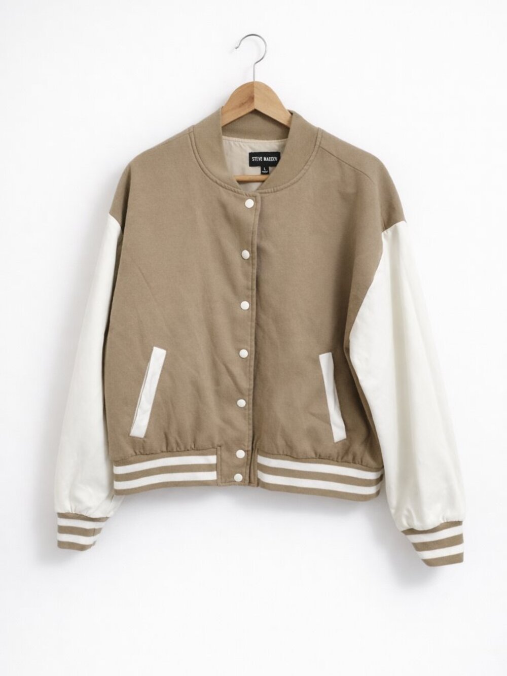 Steve Madden Alexandra Varsity Bomber Jacket Tan Cream Size Large Neutral Street